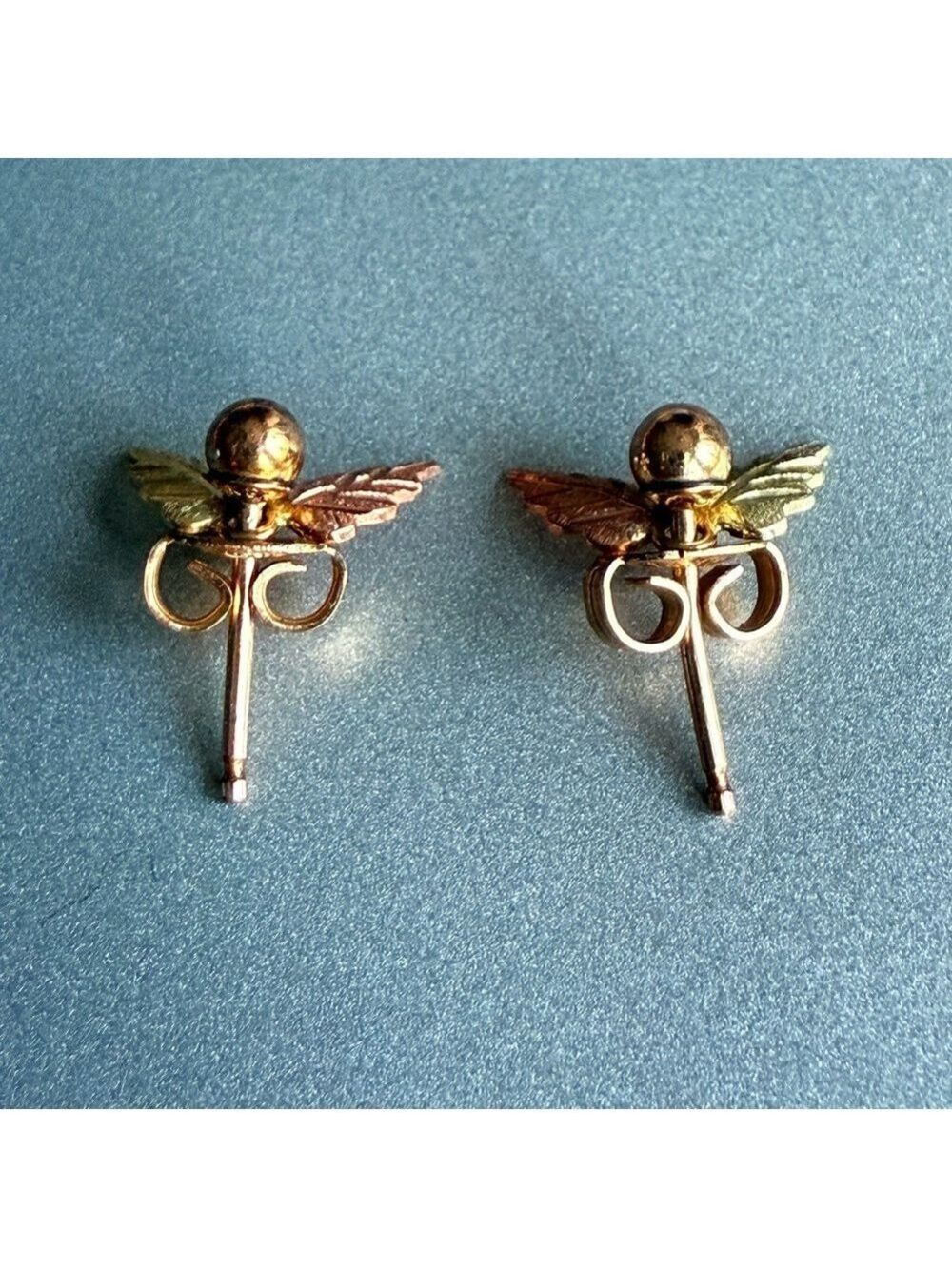 10k Rose & Yellow Gold Mistletoe Stud Earrings With Removable Leaves Bla… - Picture 4 of 8